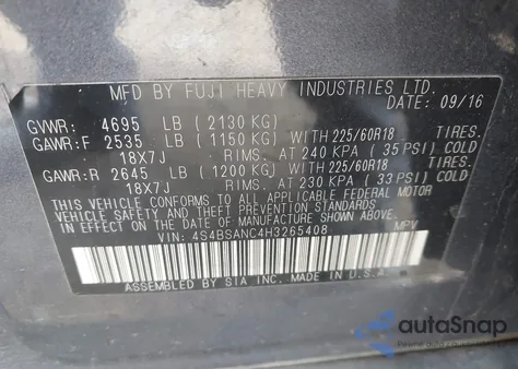 2017 Subaru Outback 2.5I Limited z USA, uszkodzony, nr VIN 4S4BSANC4H3265408